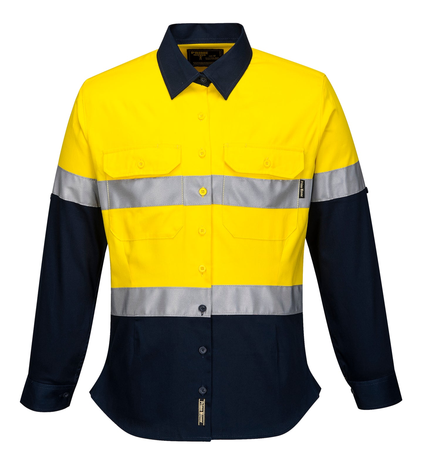 Hi-Vis Ladies Shirt L/S D/N Yellow Navy Front - ML108