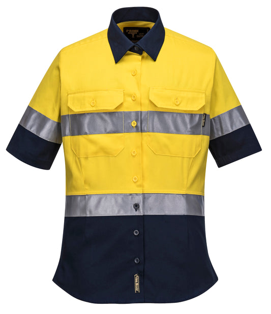 Hi-Vis Ladies Shirt S/S D/N Yellow Navy front- ML109