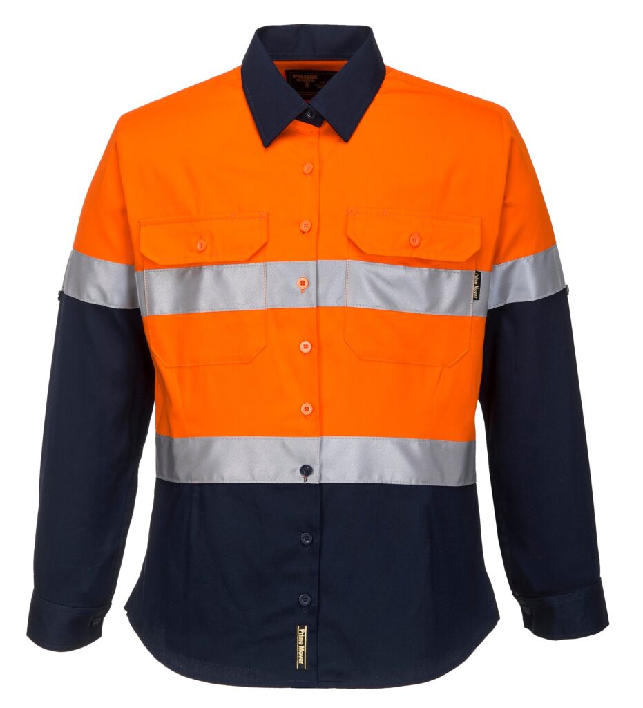Hi-Vis Ladies Shirt L/S D/N Orange Navy Front -  ML108