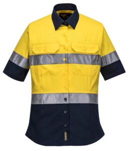 Hi-Vis Ladies Shirt S/S D/N Yellow Navy front- ML109