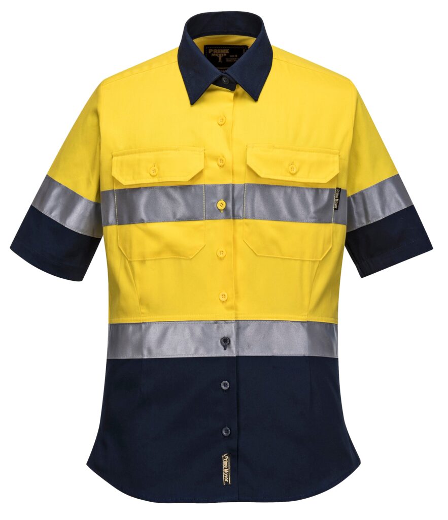 Hi-Vis Ladies Shirt S/S D/N Yellow Navy front- ML109