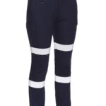 Navy Bisley women's stretch cargo work pants with reflective tape around the legs