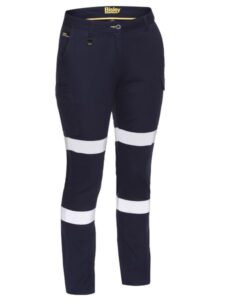 Navy Bisley women's stretch cargo work pants with reflective tape around the legs