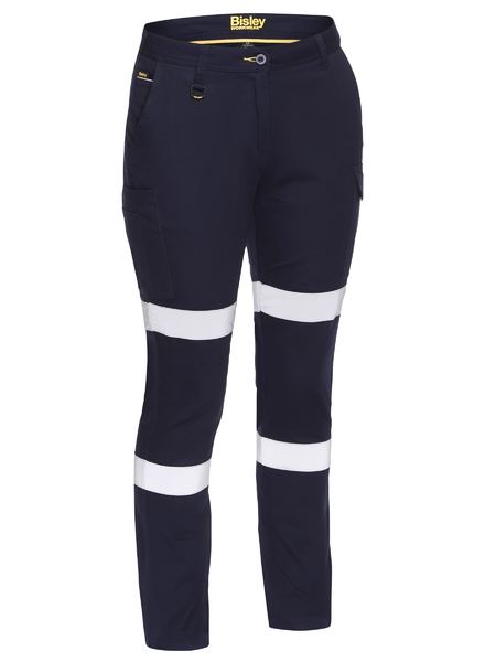 Navy Bisley women's stretch cargo work pants with reflective tape around the legs